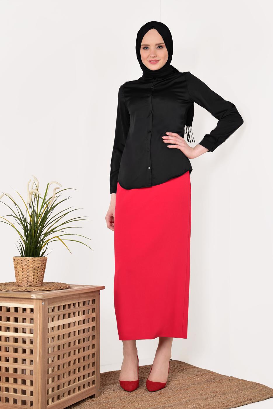 Tesettür giyim SİYAH  ERKEK YAKA SATEN GÖMLEK T 55041