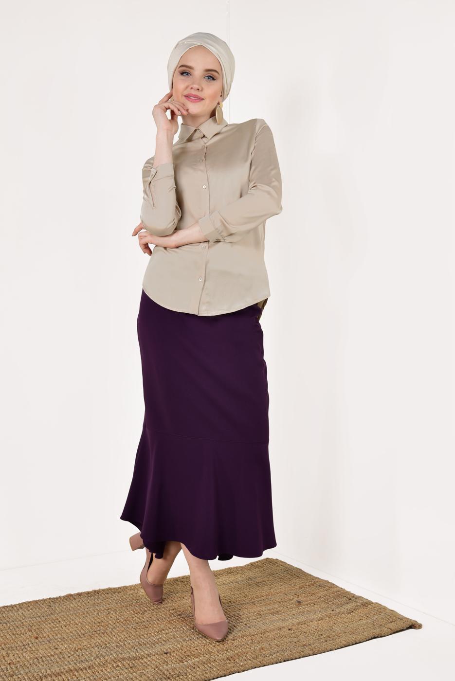 Tesettür giyim BEJ  ERKEK YAKA SATEN GÖMLEK T 55041