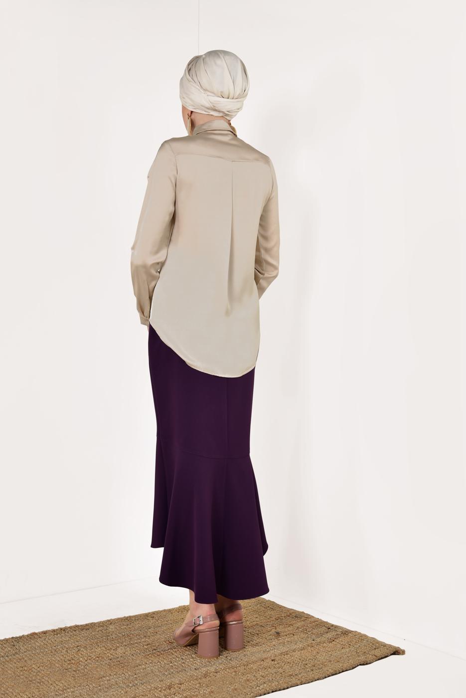 Tesettür giyim BEJ  ERKEK YAKA SATEN GÖMLEK T 55041