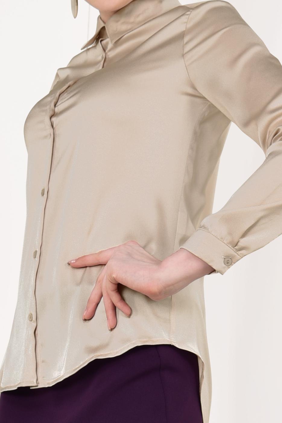 Tesettür giyim BEJ  ERKEK YAKA SATEN GÖMLEK T 55041