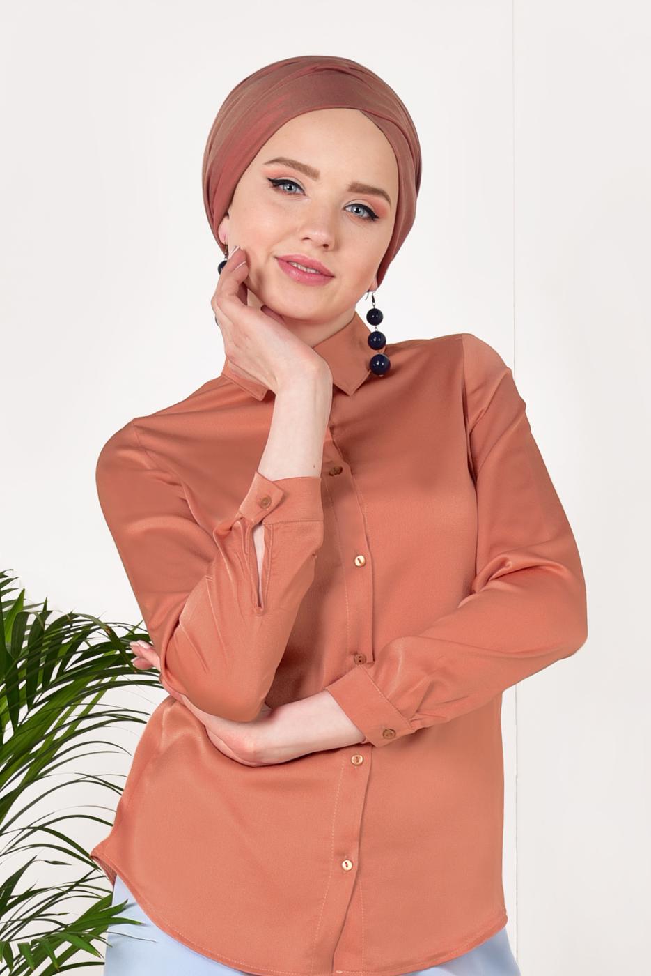 Tesettür giyim PUDRA  ERKEK YAKA SATEN GÖMLEK T 55041