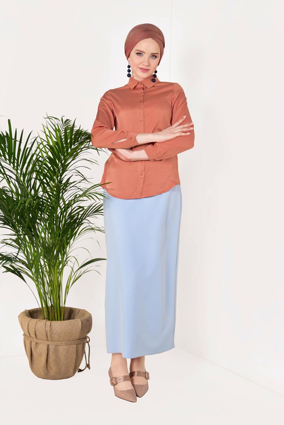 Tesettür giyim PUDRA  ERKEK YAKA SATEN GÖMLEK T 55041