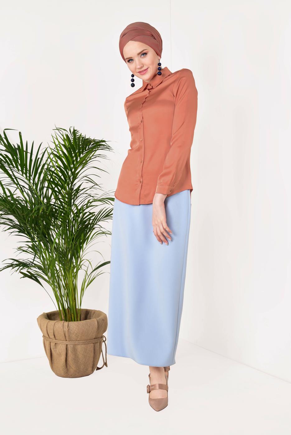 Tesettür giyim PUDRA  ERKEK YAKA SATEN GÖMLEK T 55041