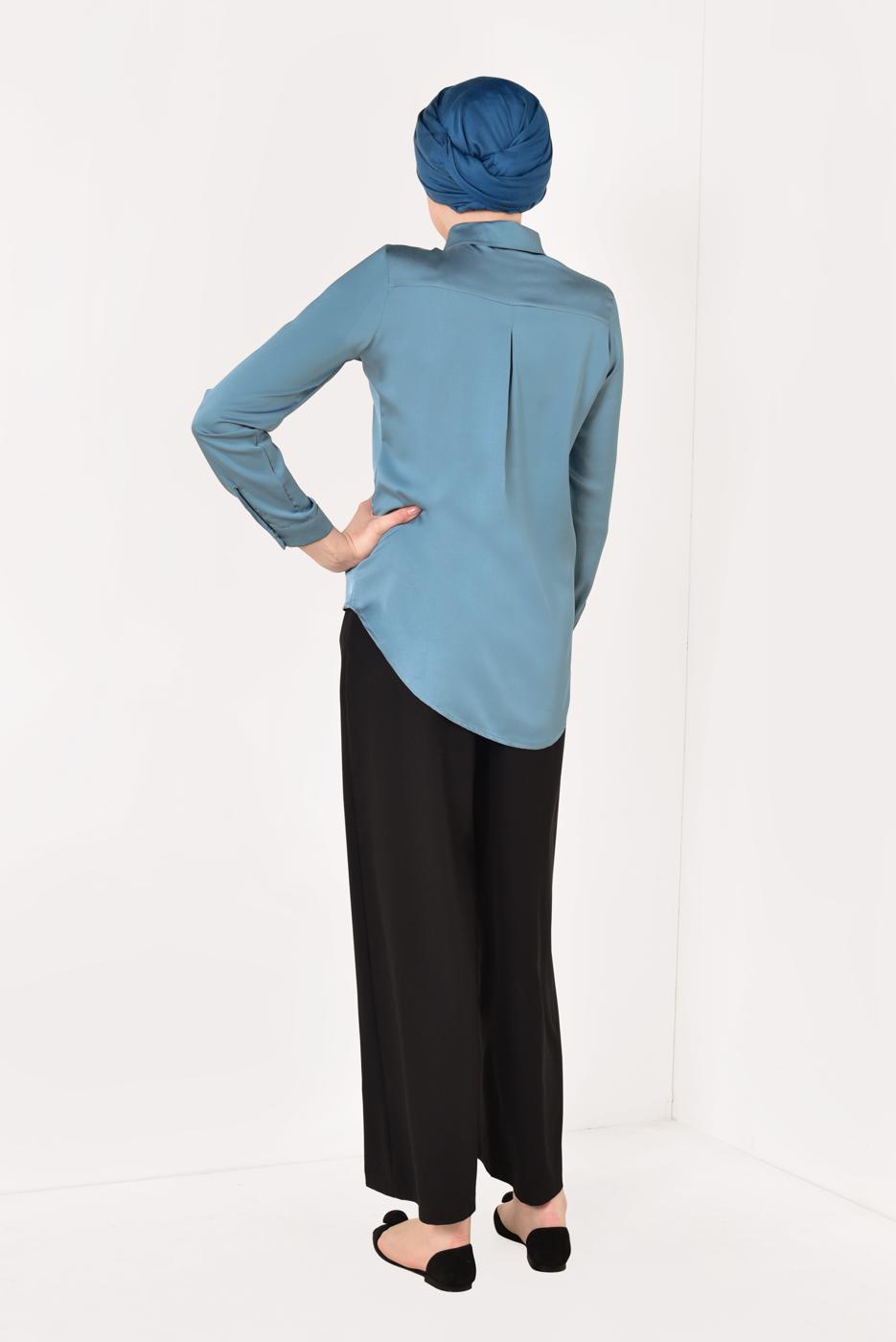 Tesettür giyim LACİVERT  ERKEK YAKA SATEN GÖMLEK T 55041