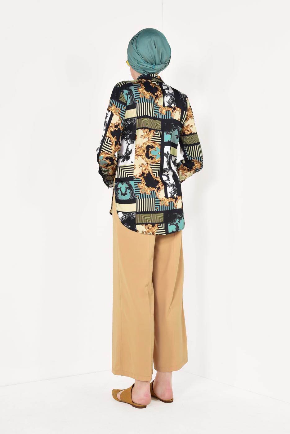 Tesettür giyim EKRU KARMA DESENLİ GÖMLEK 0102