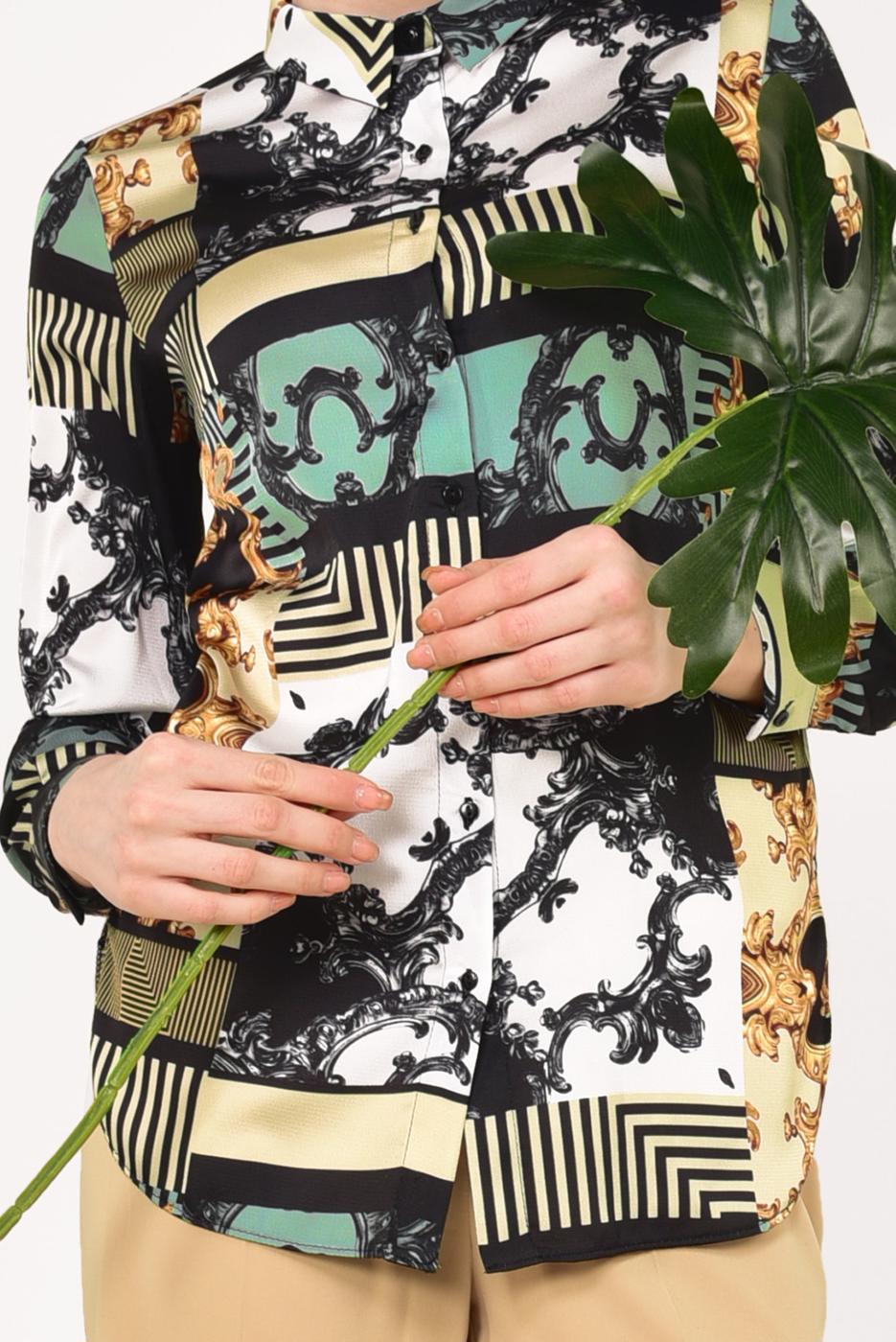 Tesettür giyim EKRU KARMA DESENLİ GÖMLEK 0102