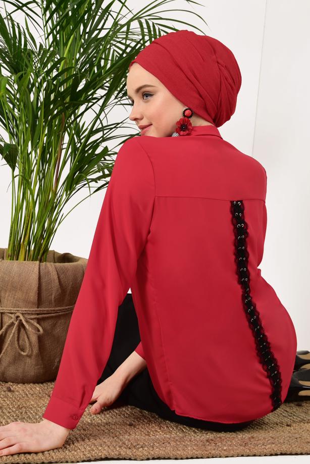 Hijab-Kleidung  ERKEK YAKA DANTEL DETAYLI BLUZ 0152 - TRENDTESETTÜR