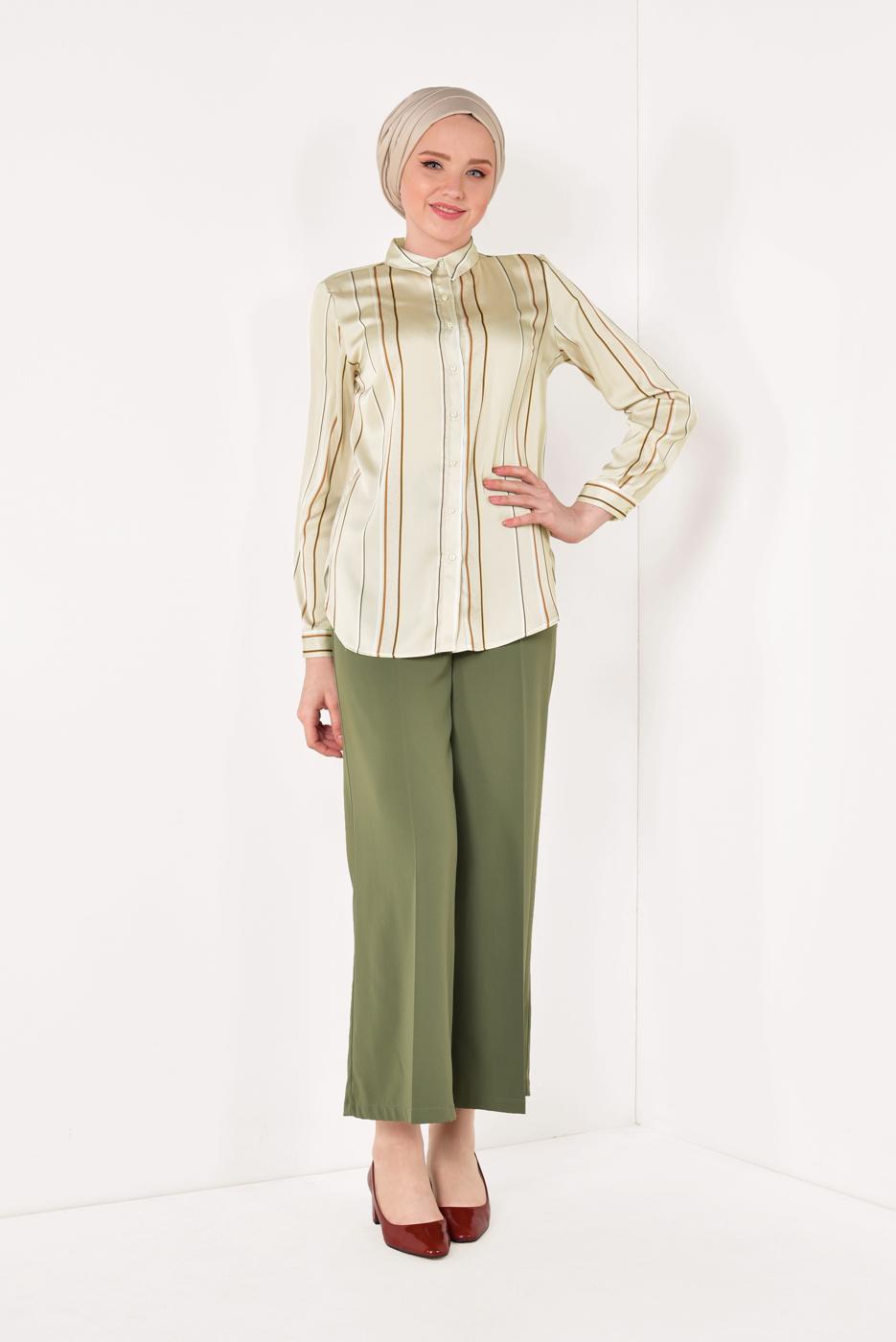 Tesettür giyim BEJ ERKEK YAKA ÇİZGİLİ GÖMLEK 0402