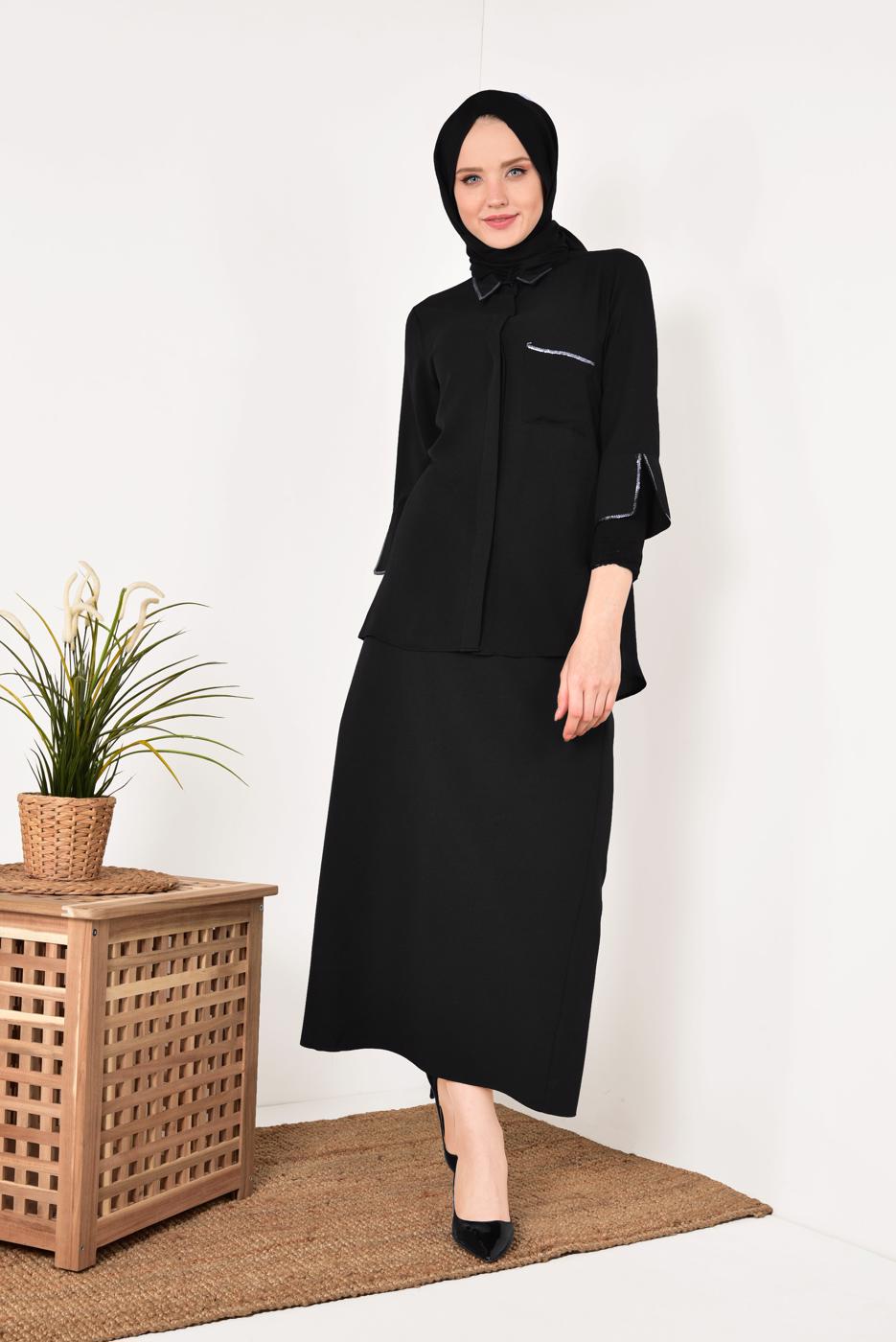 Vêtements hijab NOIR T 0602 STN-KOLLARI YIRTMAÇLI GİZLİ DÜGMELİ BLUZ