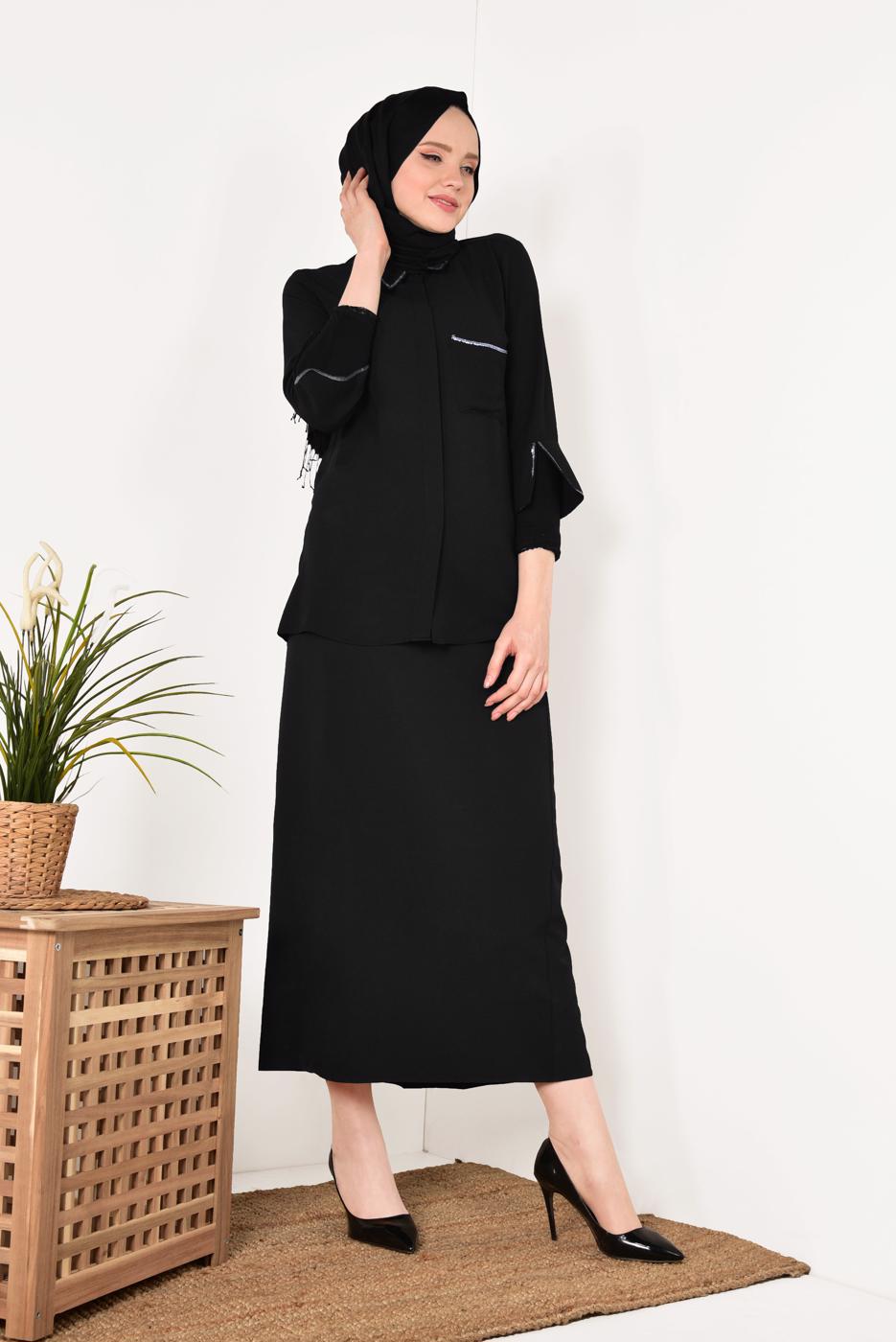Vêtements hijab NOIR T 0602 STN-KOLLARI YIRTMAÇLI GİZLİ DÜGMELİ BLUZ