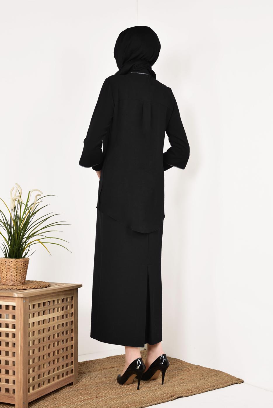 Vêtements hijab NOIR T 0602 STN-KOLLARI YIRTMAÇLI GİZLİ DÜGMELİ BLUZ