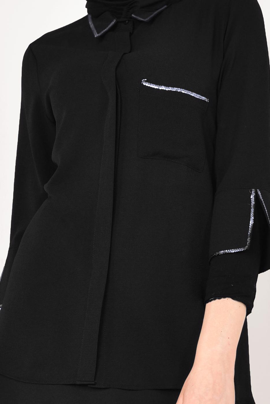 Vêtements hijab NOIR T 0602 STN-KOLLARI YIRTMAÇLI GİZLİ DÜGMELİ BLUZ