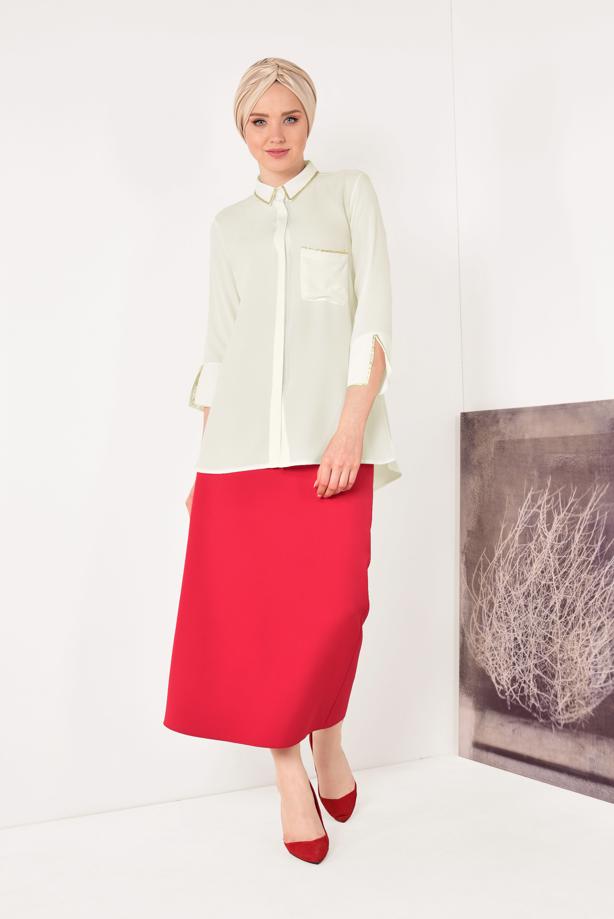 Tesettür giyim EKRU KOLLARI YIRTMAÇLI GİZLİ DÜĞMELİ BLUZ 0602 - TRENDTESETTÜR