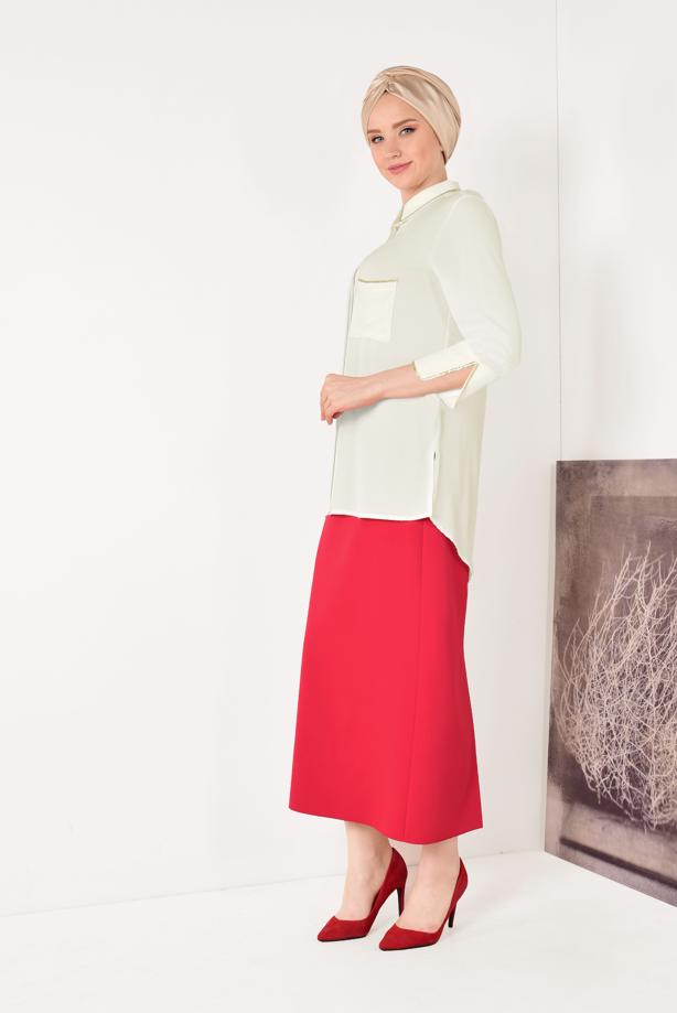 Tesettür giyim EKRU KOLLARI YIRTMAÇLI GİZLİ DÜĞMELİ BLUZ 0602 - TRENDTESETTÜR