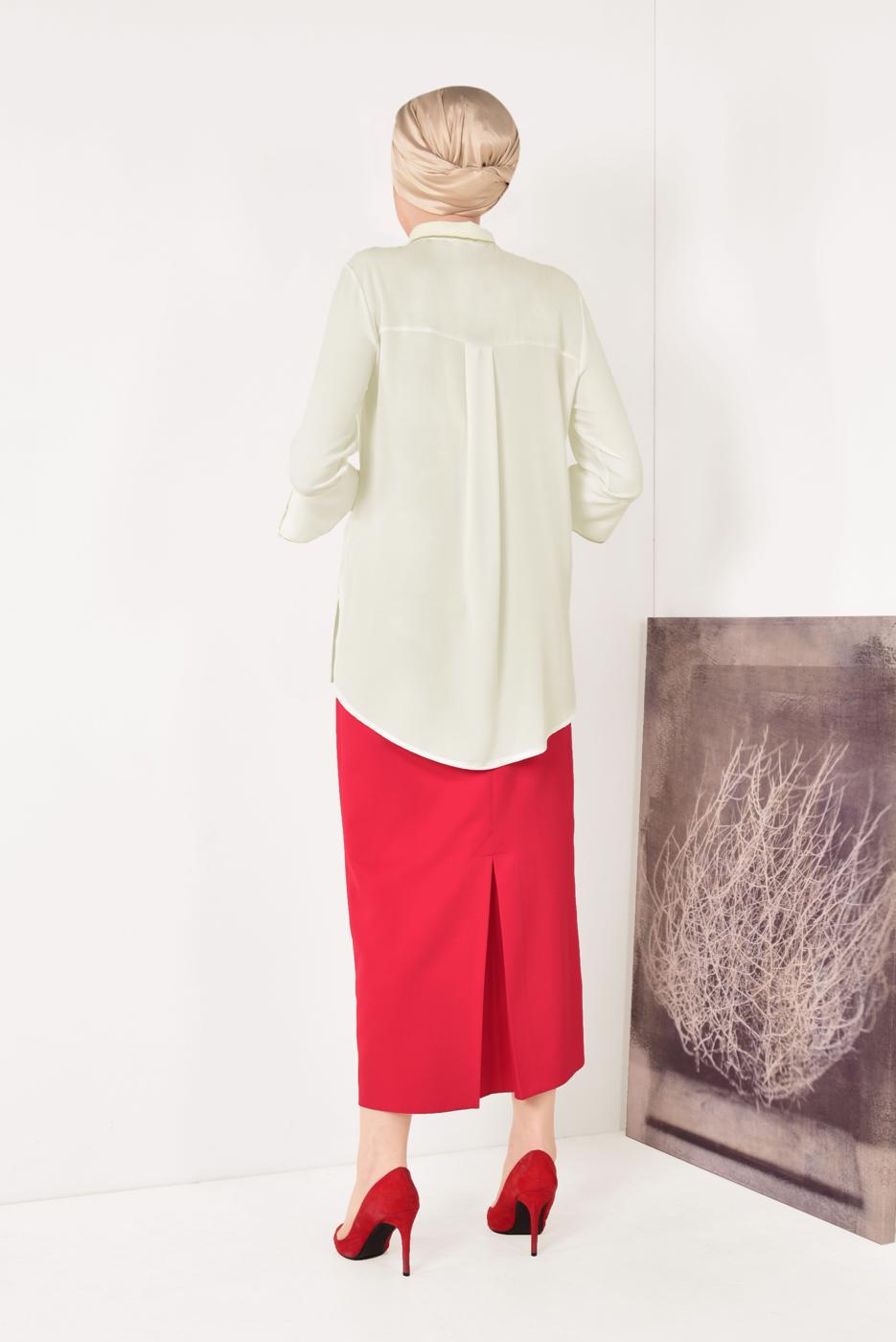 Vêtements hijab ÉCRU T 0602 STN-KOLLARI YIRTMAÇLI GİZLİ DÜGMELİ BLUZ