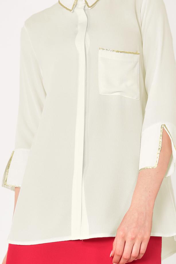 Tesettür giyim EKRU KOLLARI YIRTMAÇLI GİZLİ DÜĞMELİ BLUZ 0602 - TRENDTESETTÜR