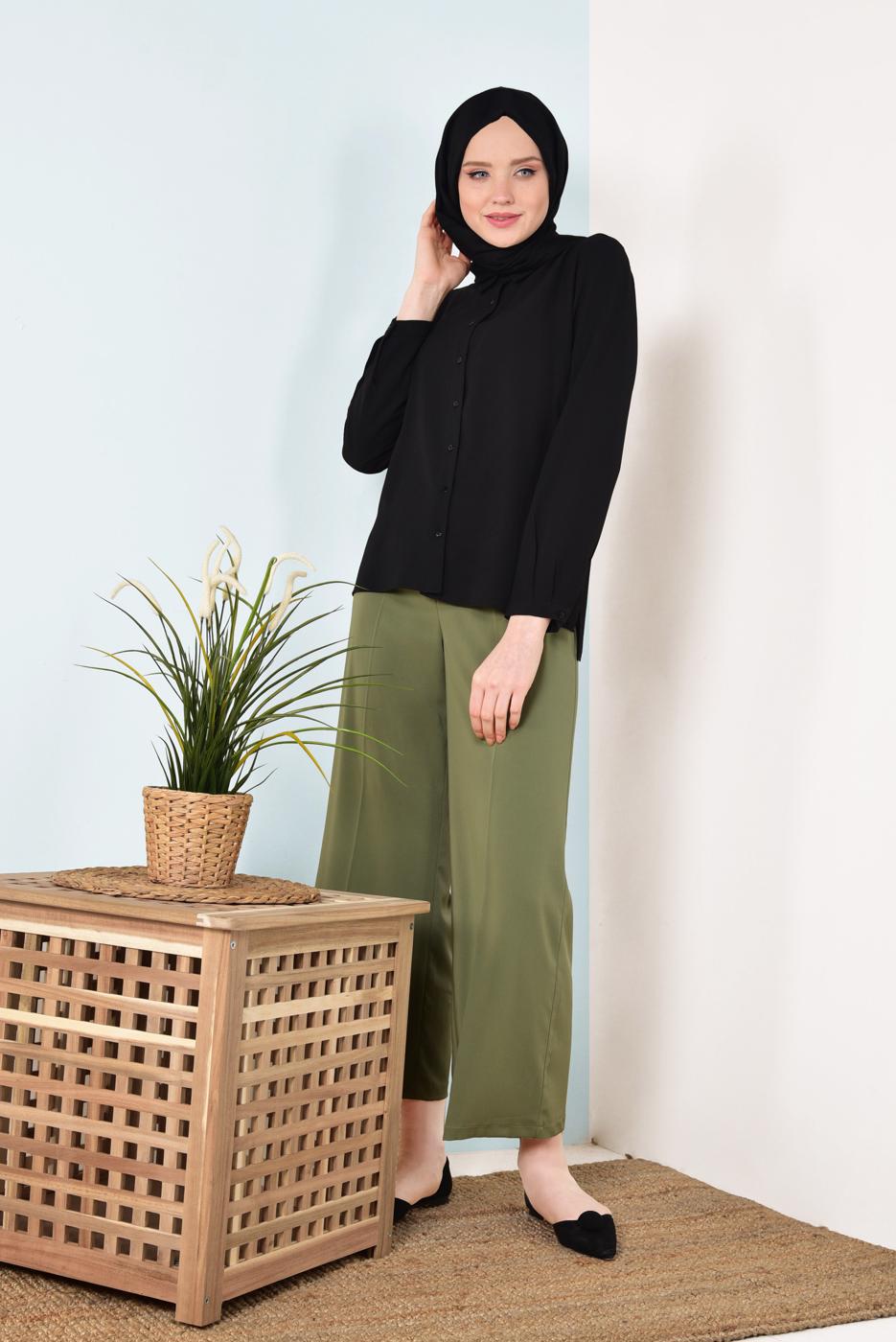 Hijab clothing BLACK T 0802 STN-SIRT KISMI PÜSKÜL DETAYLI BLUZ