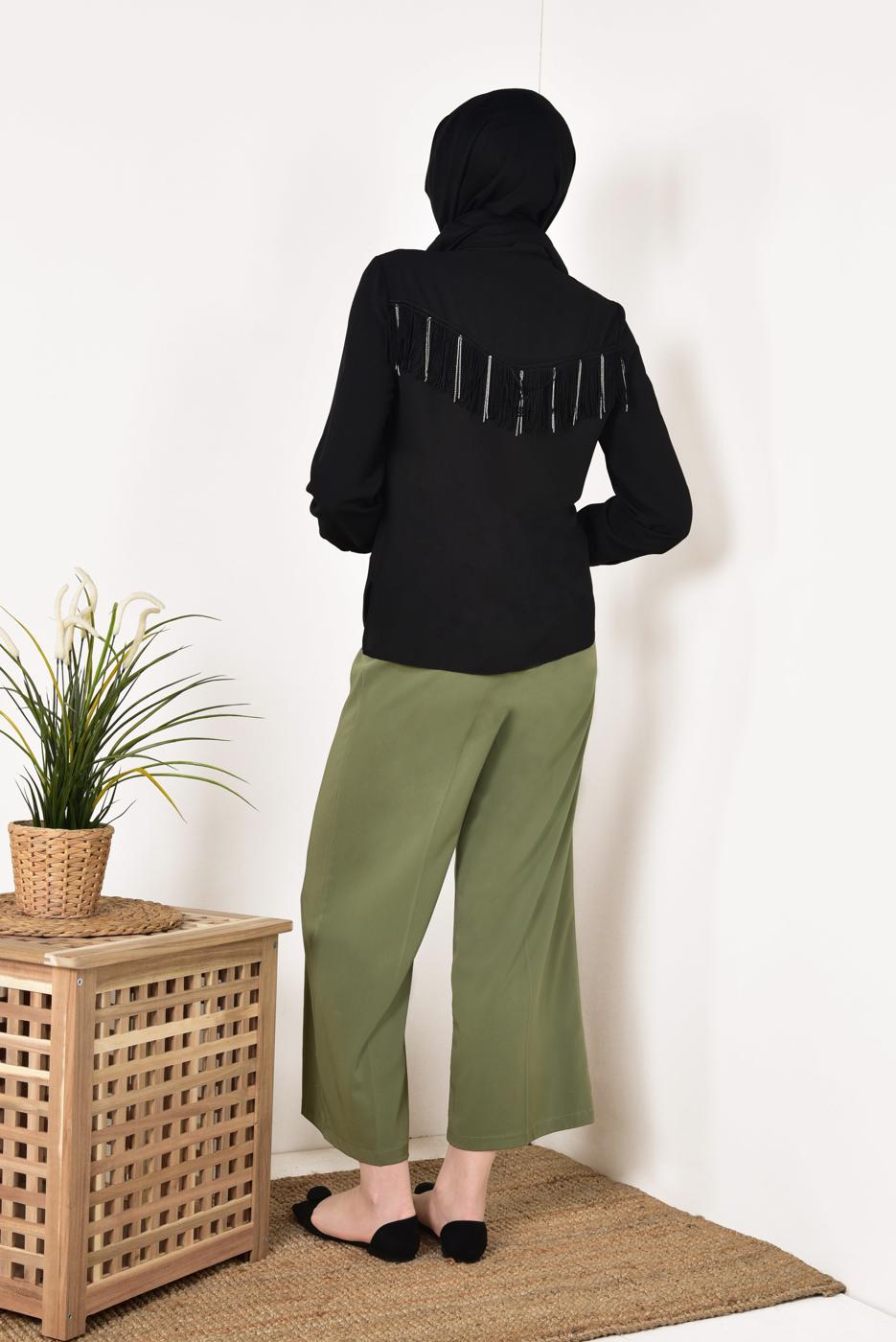 Hijab clothing BLACK T 0802 STN-SIRT KISMI PÜSKÜL DETAYLI BLUZ