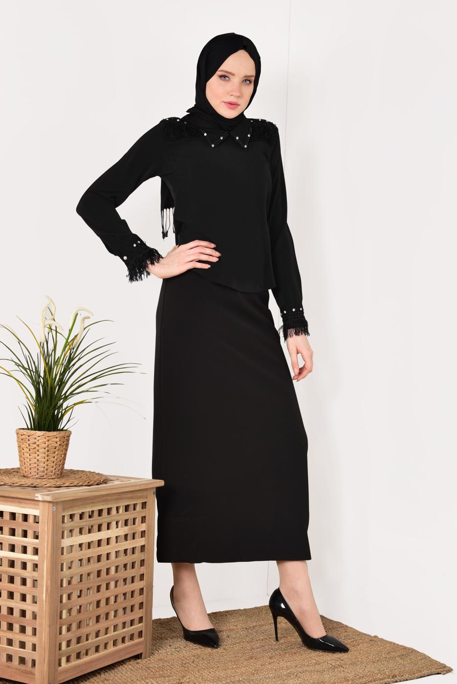 Vêtements hijab NOIR T 1246 AYTE-PÜSKÜLLÜ İŞLEME DETAYLI BLUZ