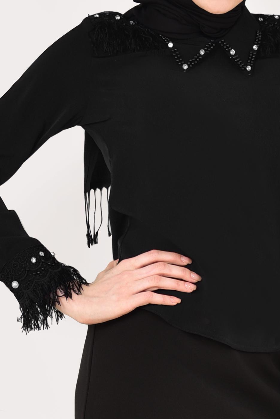 Vêtements hijab NOIR T 1246 AYTE-PÜSKÜLLÜ İŞLEME DETAYLI BLUZ