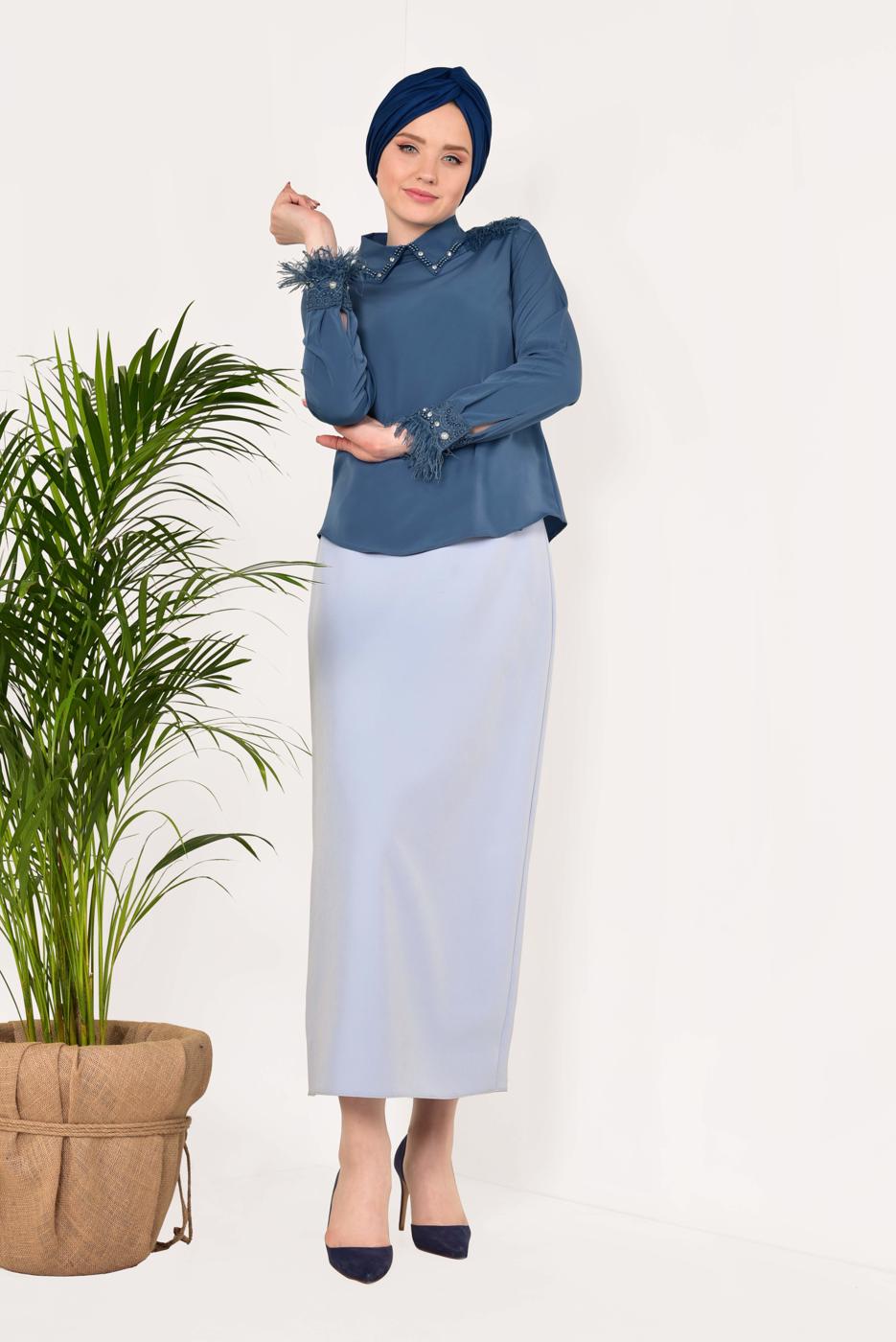 Hijab clothing NAVY BLUE T 1246 AYTE-PÜSKÜLLÜ İŞLEME DETAYLI BLUZ