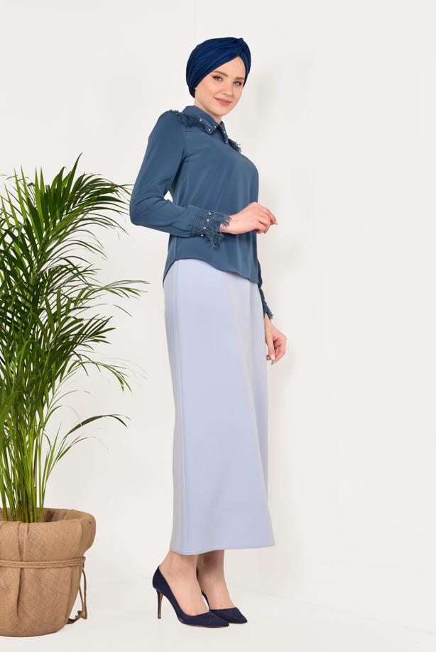 Vêtements hijab  T 1246 AYTE-PÜSKÜLLÜ İŞLEME DETAYLI BLUZ - TRENDTESETTÜR