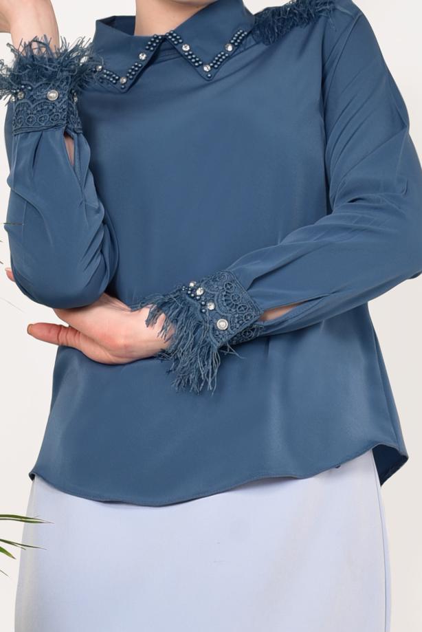 Vêtements hijab  T 1246 AYTE-PÜSKÜLLÜ İŞLEME DETAYLI BLUZ - TRENDTESETTÜR
