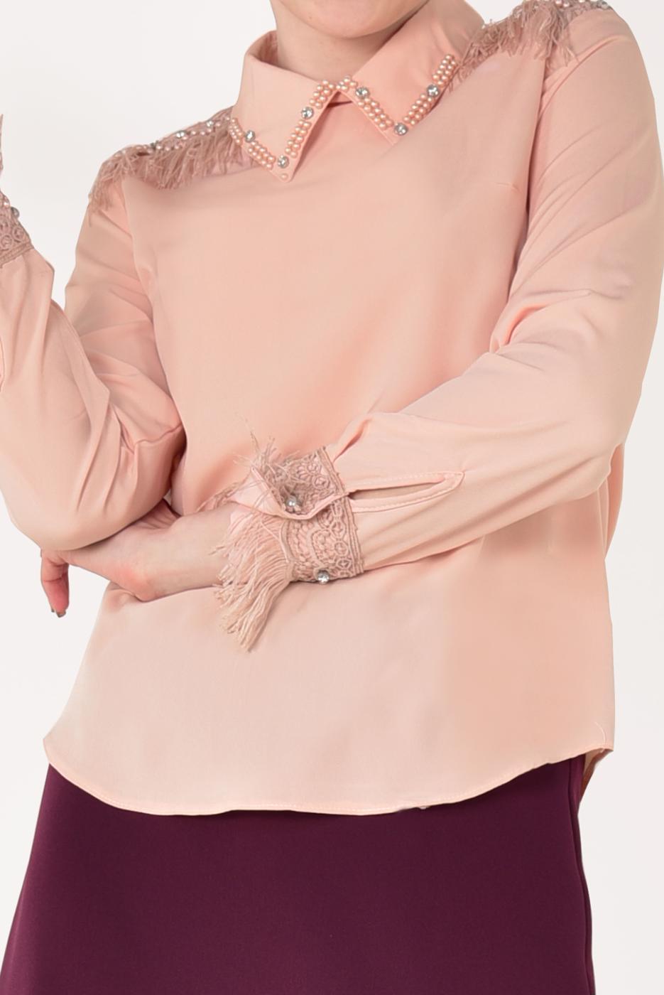 Vêtements hijab POUDRE T 1246 AYTE-PÜSKÜLLÜ İŞLEME DETAYLI BLUZ