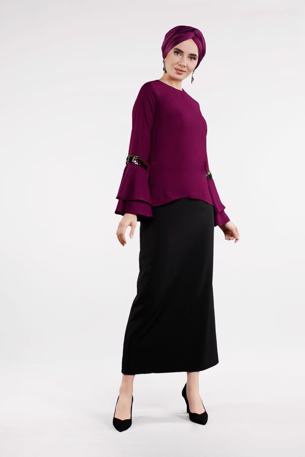 Tesettür giyim MOR KOLLARI PUL PAYET DETAYLI BLUZ 1496 - TRENDTESETTÜR