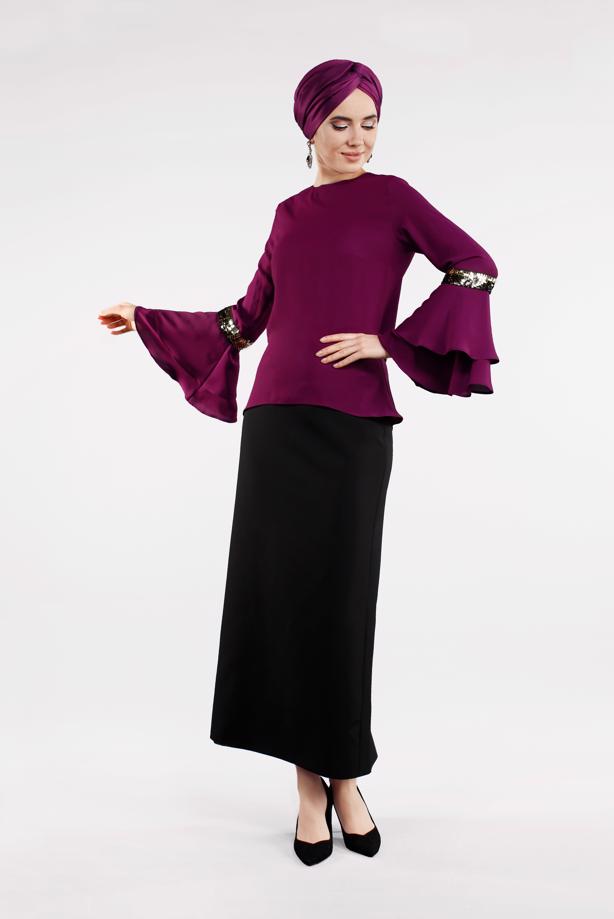 Tesettür giyim MOR KOLLARI PUL PAYET DETAYLI BLUZ 1496 - TRENDTESETTÜR