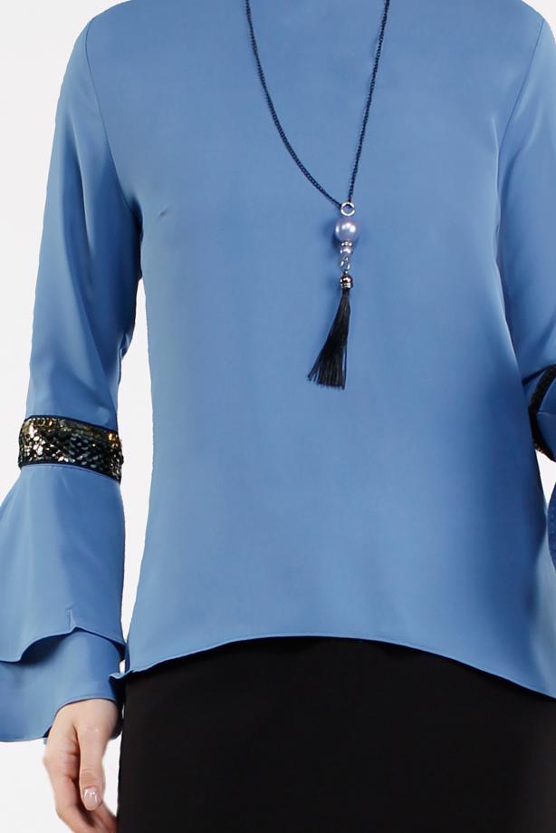 Tesettür giyim LACİVERT KOLLARI PUL PAYET DETAYLI BLUZ 1496 - TRENDTESETTÜR