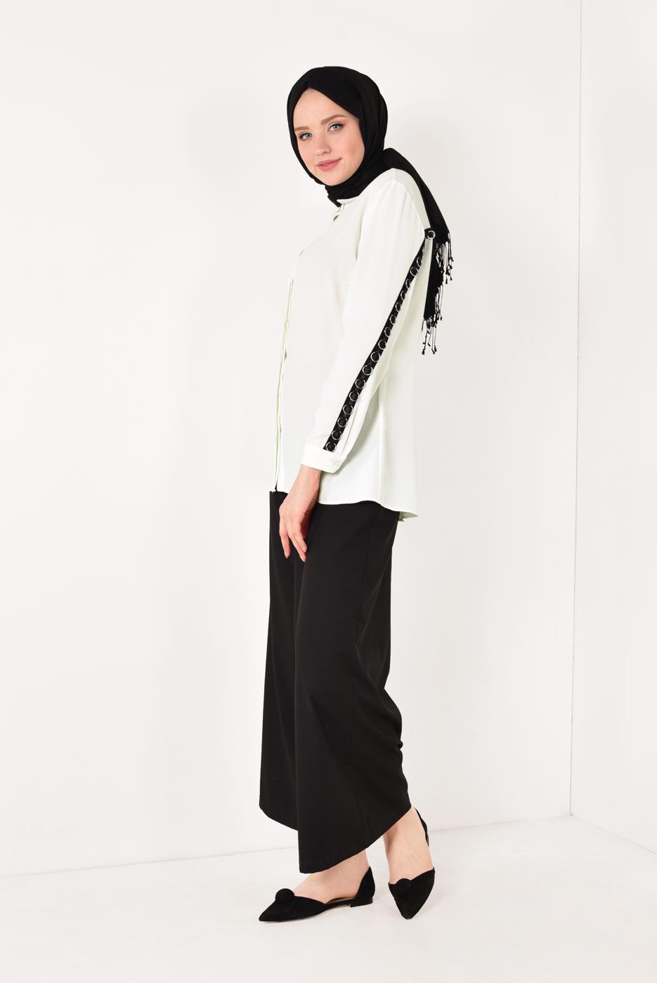 Vêtements hijab ÉCRU T 2152 STN-SIRT KISMI ŞERİT DETAYLI GÖMLEK