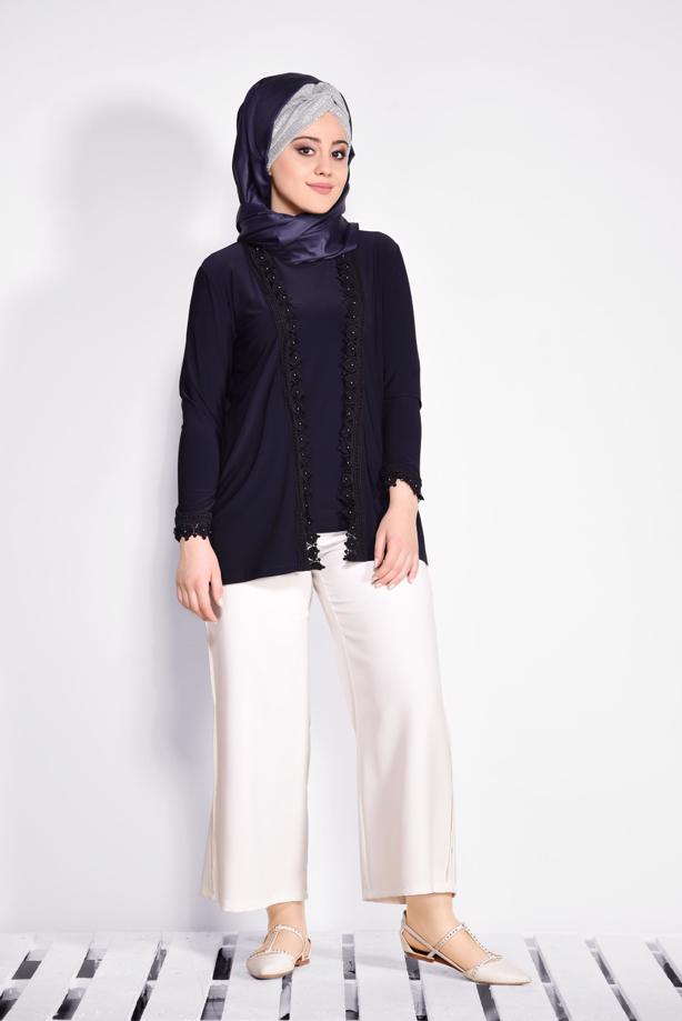 Vêtements hijab BLEU MARINE T 2802 Alvina Vizona 2′li Bluz - TRENDTESETTÜR