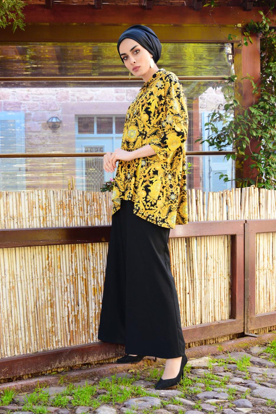 Hijab clothing YELLOW T 3102 STN-YARASAKOL DESENLİ BLUZ