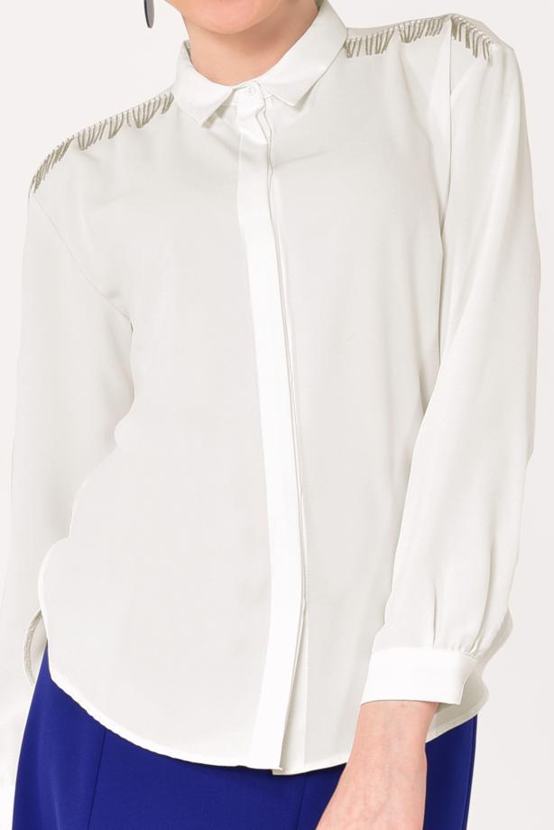 Tesettür giyim EKRU OMUZLARI ZİNCİR DETAYLI BLUZ 4152 - TRENDTESETTÜR