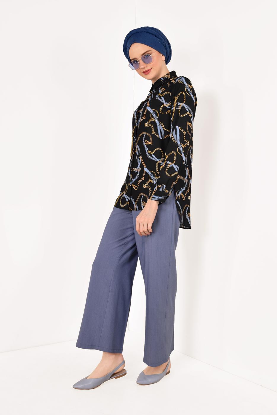 Tesettür giyim SİYAH ZİNCİR DESENLİ GÖMLEK 5002