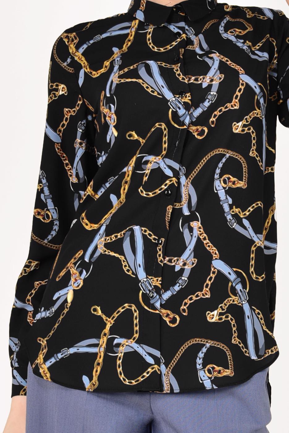 Tesettür giyim SİYAH ZİNCİR DESENLİ GÖMLEK 5002