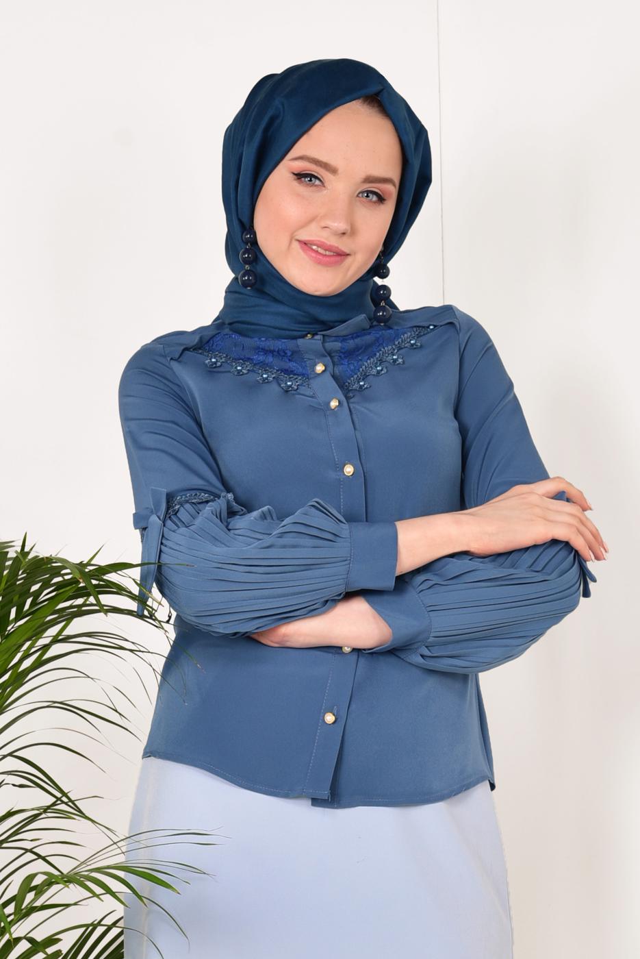 Hijab clothing NAVY BLUE PLEATED BLOUSE T 5046
