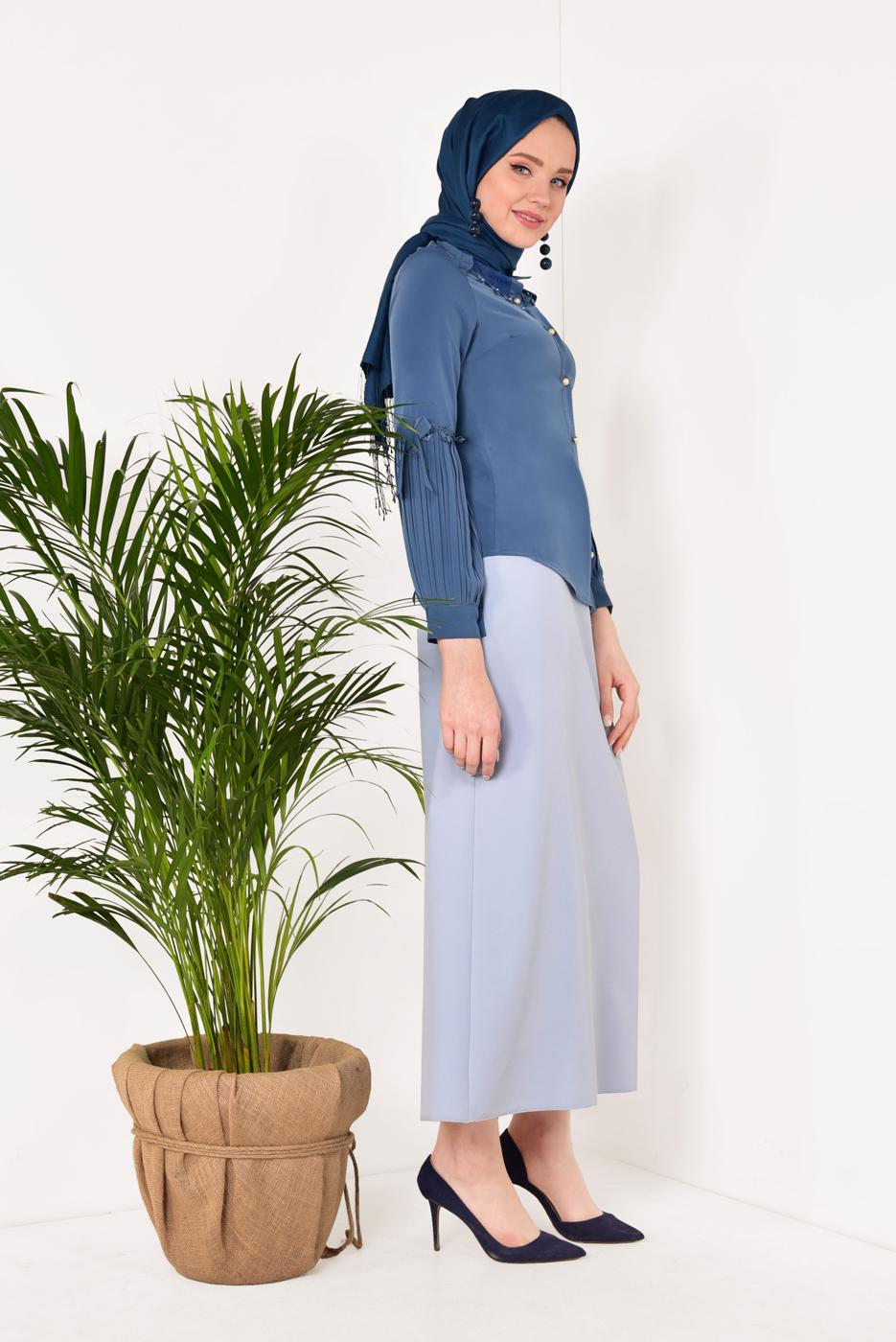 Hijab clothing NAVY BLUE PLEATED BLOUSE T 5046