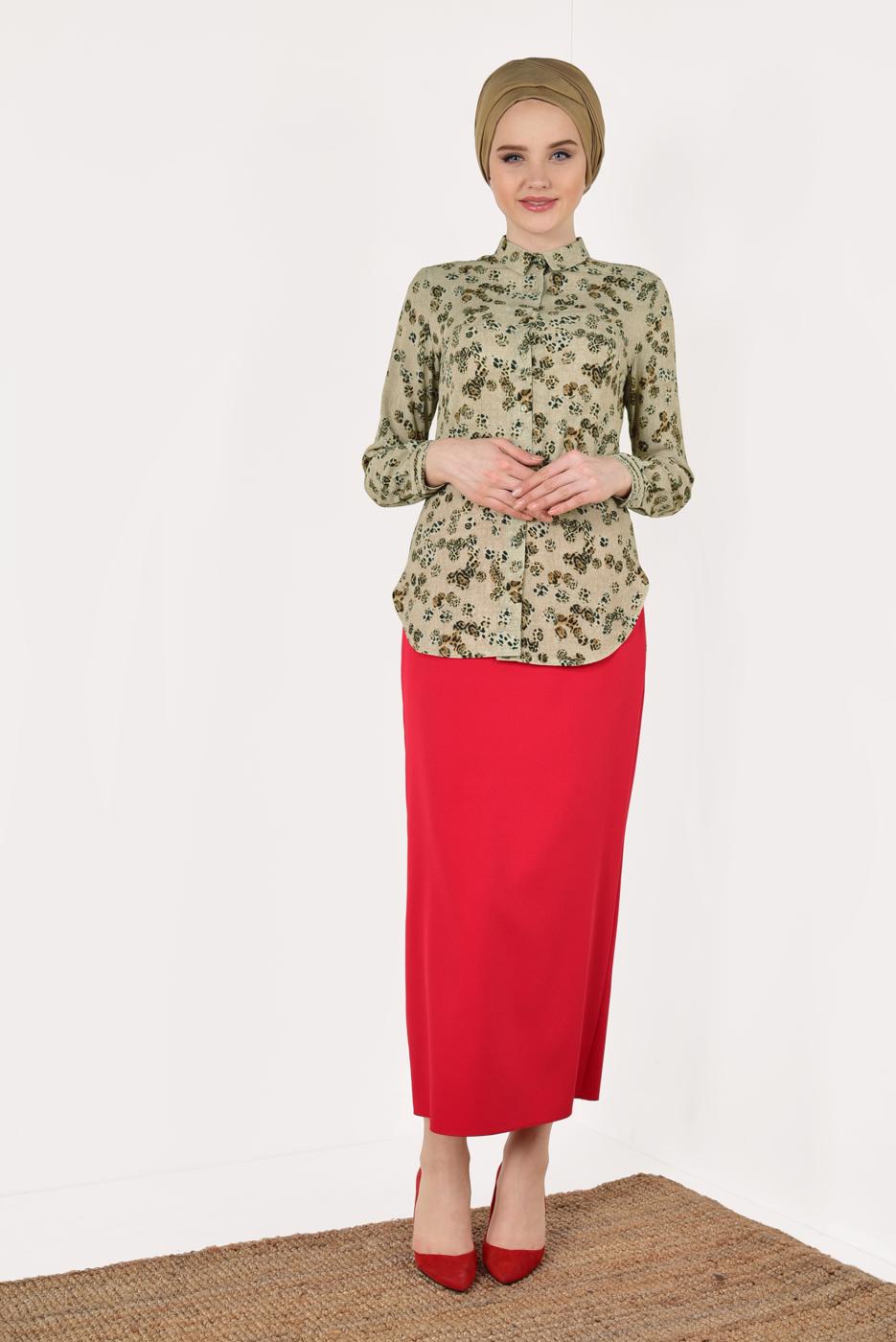 Vêtements hijab BEIGE T 5402 STN-LEOPAR DESENLİ ŞİFONLU BLUZ