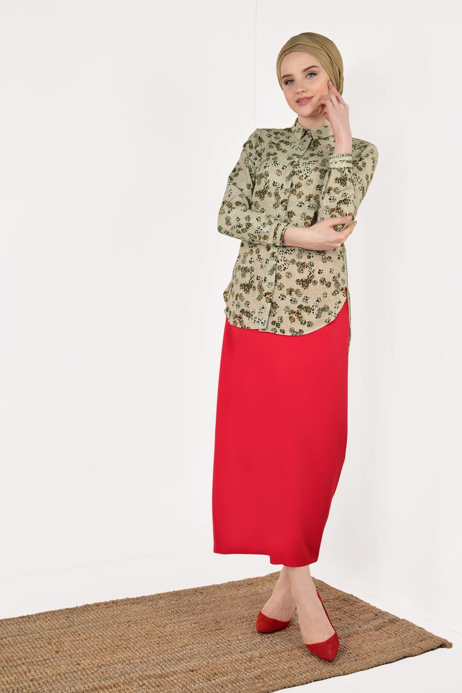 Vêtements hijab BEIGE T 5402 STN-LEOPAR DESENLİ ŞİFONLU BLUZ