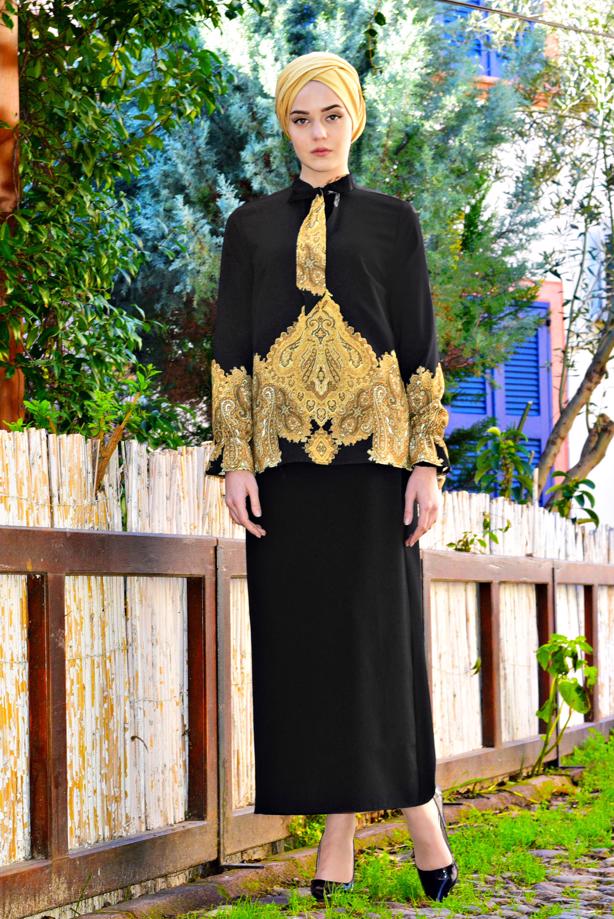 Vêtements hijab  T 6001 STN-YAKASI FULAR DETAYLI DESENLİ BLUZ - TRENDTESETTÜR