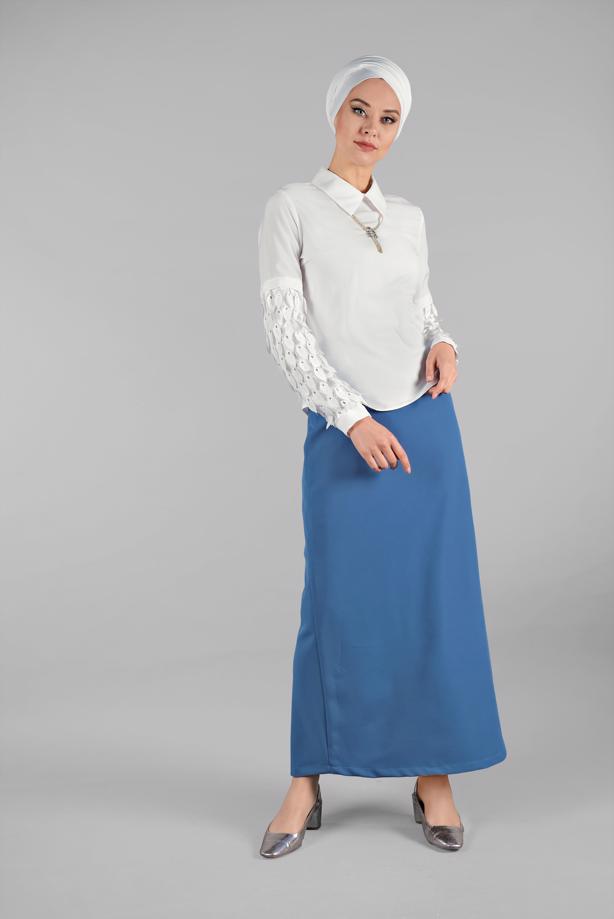 Tesettür giyim KREM ÜÇ BOYUTLU YAPRAK DETAYLI BLUZ 6046 - TRENDTESETTÜR