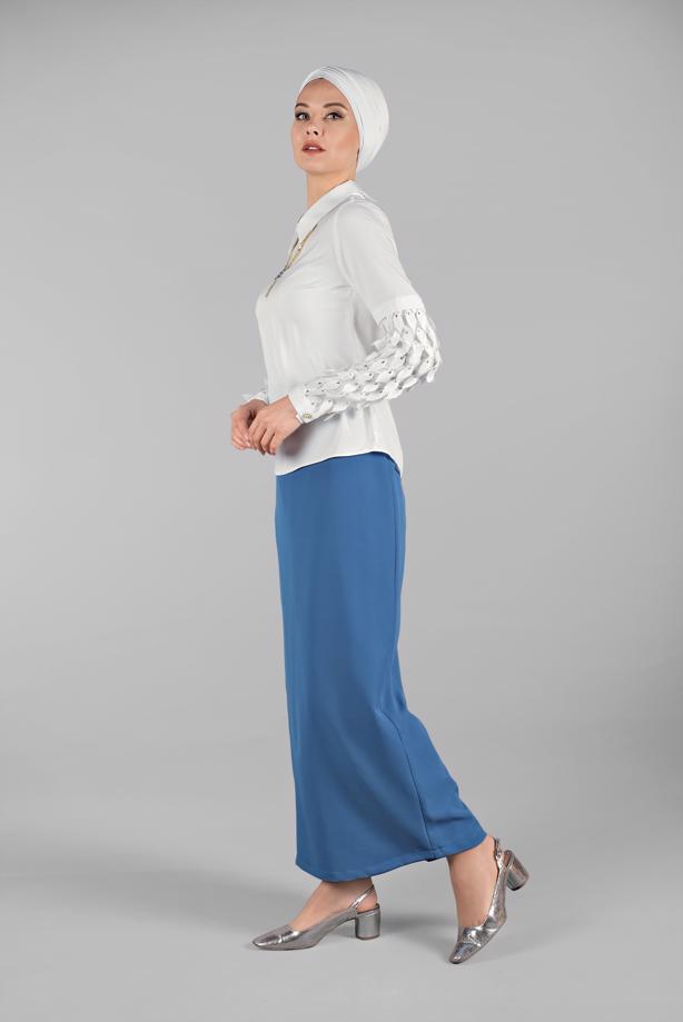 Tesettür giyim KREM ÜÇ BOYUTLU YAPRAK DETAYLI BLUZ 6046 - TRENDTESETTÜR