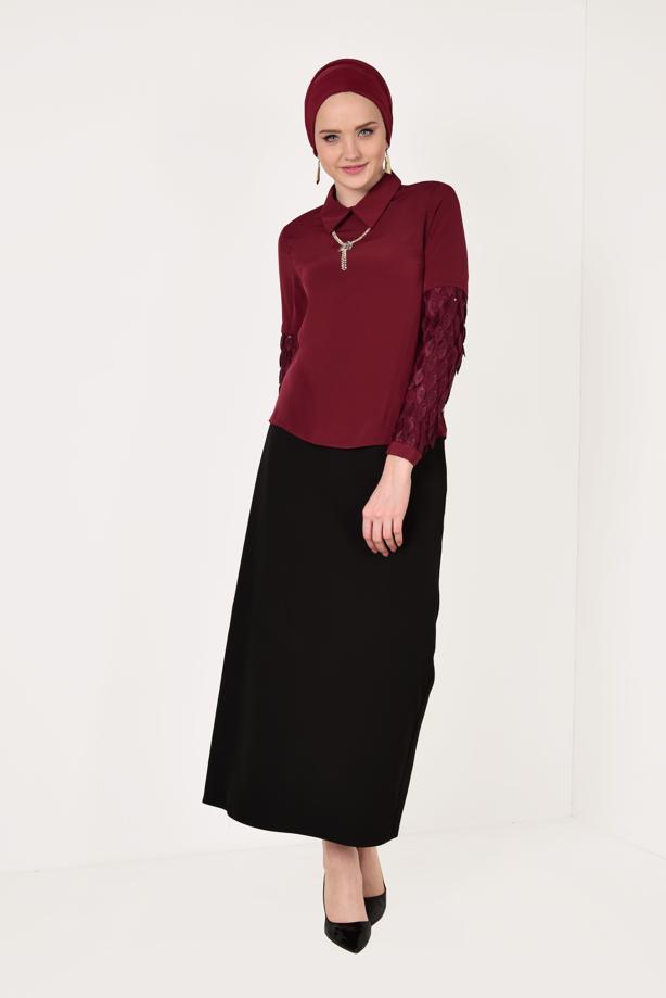 Tesettür giyim BORDO ÜÇ BOYUTLU YAPRAK DETAYLI BLUZ 6046 - TRENDTESETTÜR