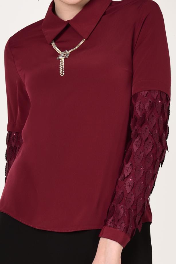 Tesettür giyim BORDO ÜÇ BOYUTLU YAPRAK DETAYLI BLUZ 6046 - TRENDTESETTÜR