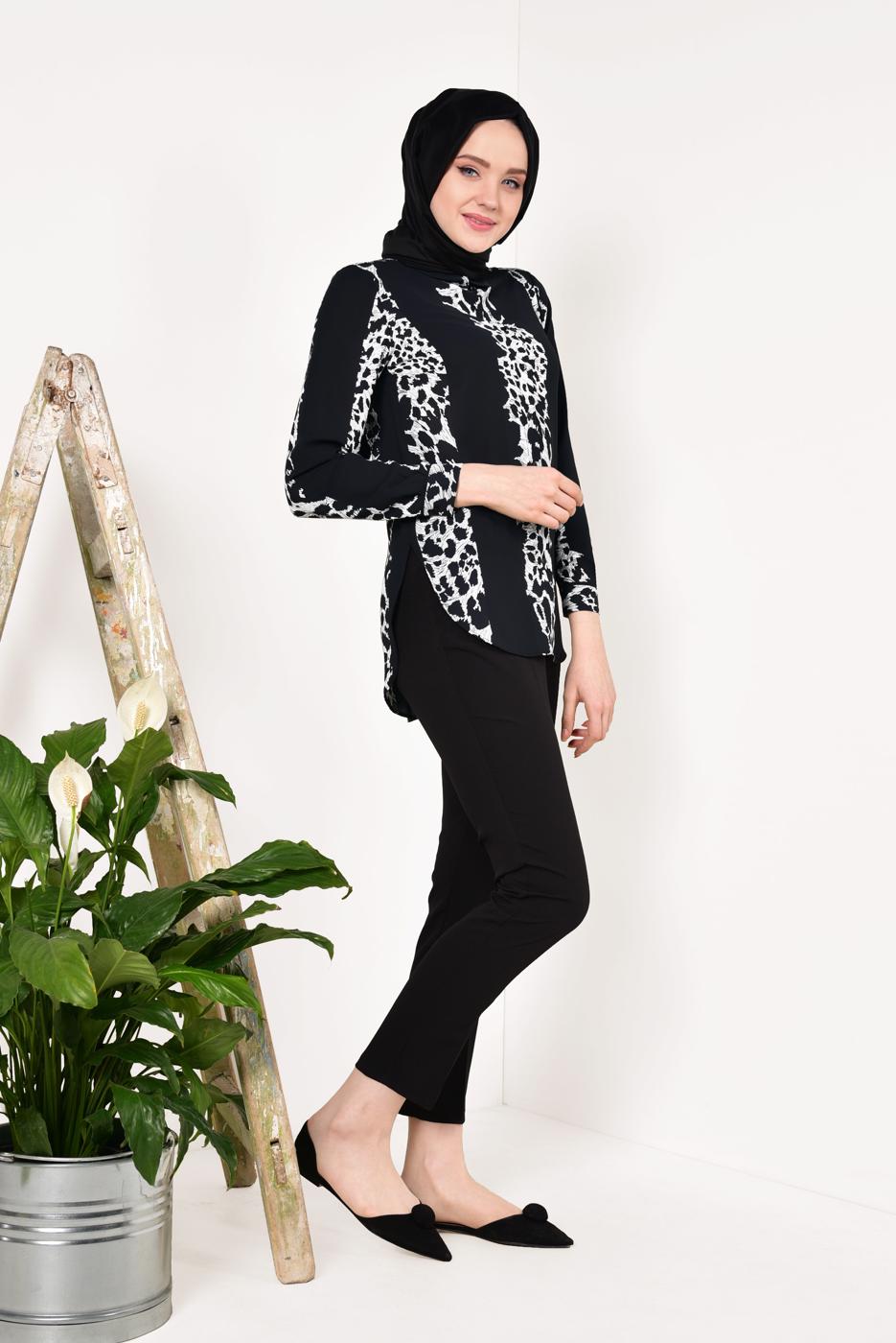 Hijab clothing BLACK Patterned Chiffon Blouse T 6202 
