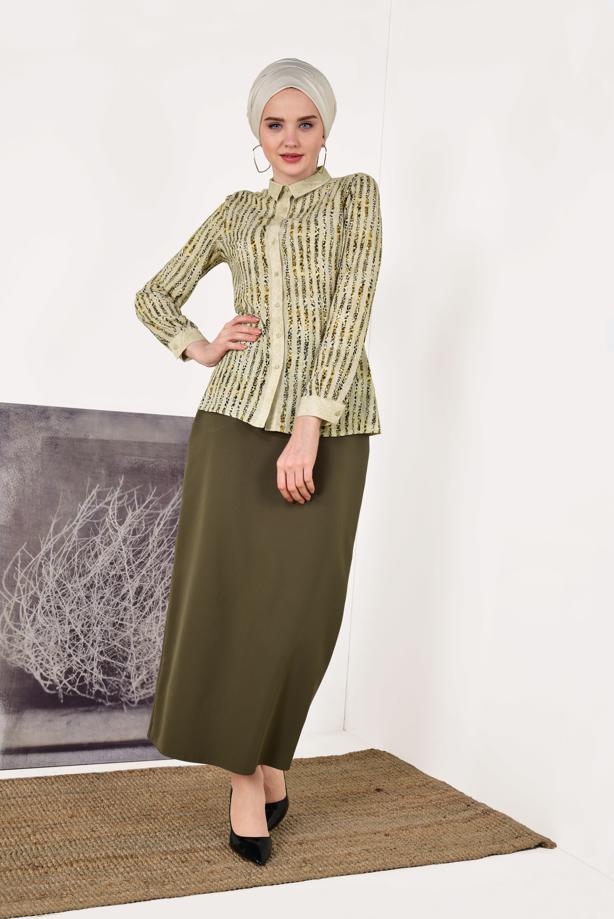 Vêtements hijab  T 6402 STN-ÖNDEN DÜĞMELİ  LEOPAR DESENLİ BLUZ - TRENDTESETTÜR