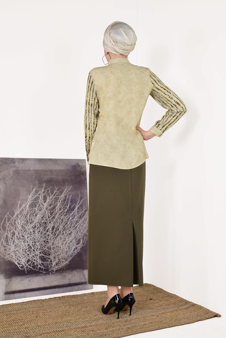 Vêtements hijab BEIGE T 6402 STN-ÖNDEN DÜĞMELİ  LEOPAR DESENLİ BLUZ