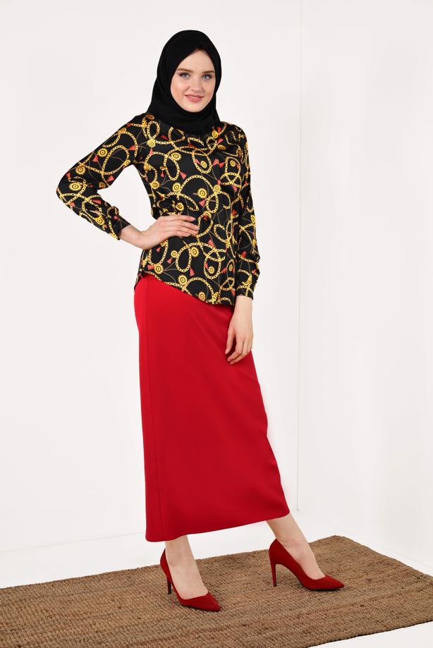 Tesettür giyim SİYAH ZİNCİR DESENLİ BLUZ 7002 - TRENDTESETTÜR